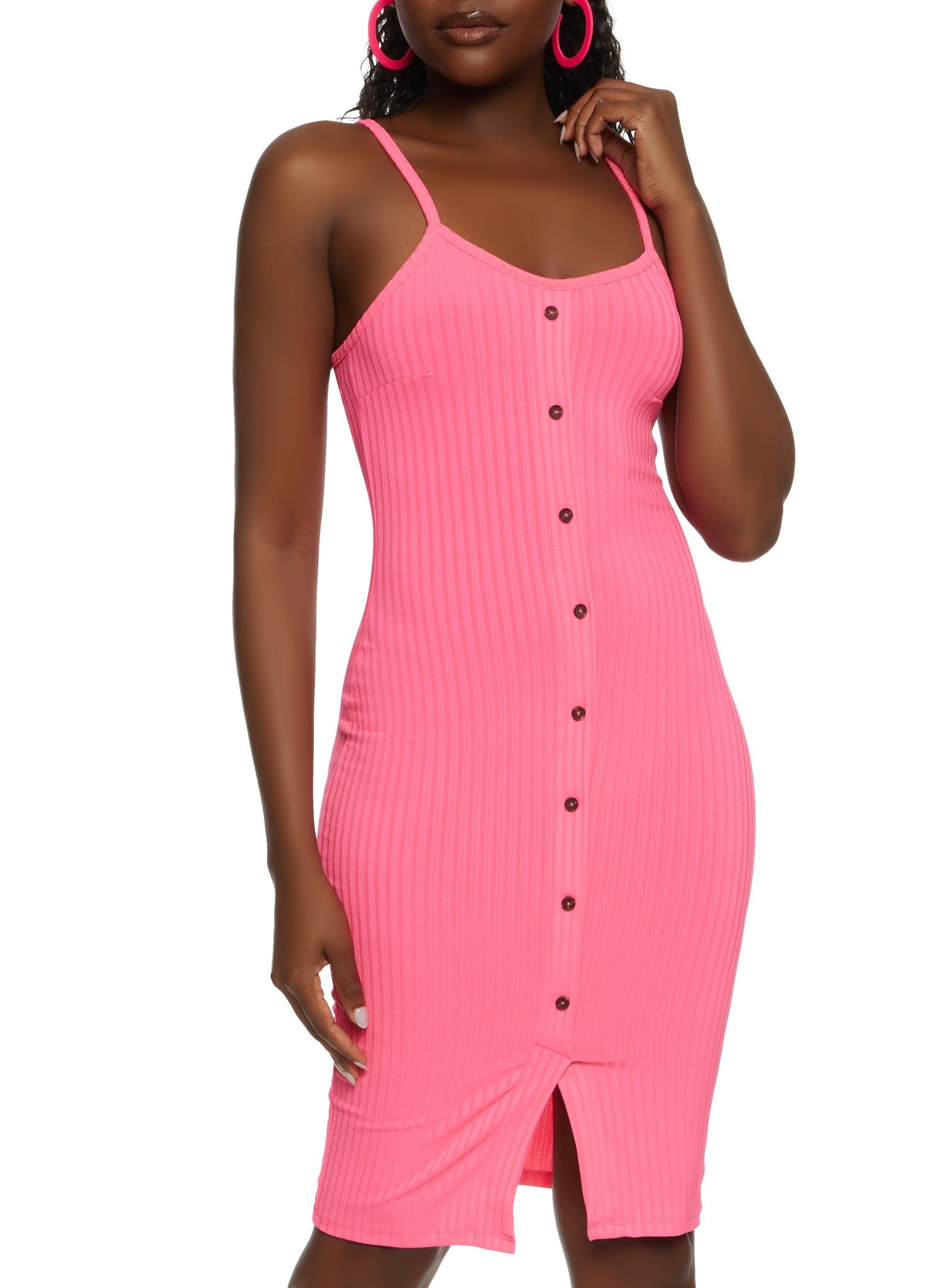 Ribbed Knit Button Detail Split Hem Cami Dress sold by Rainbow