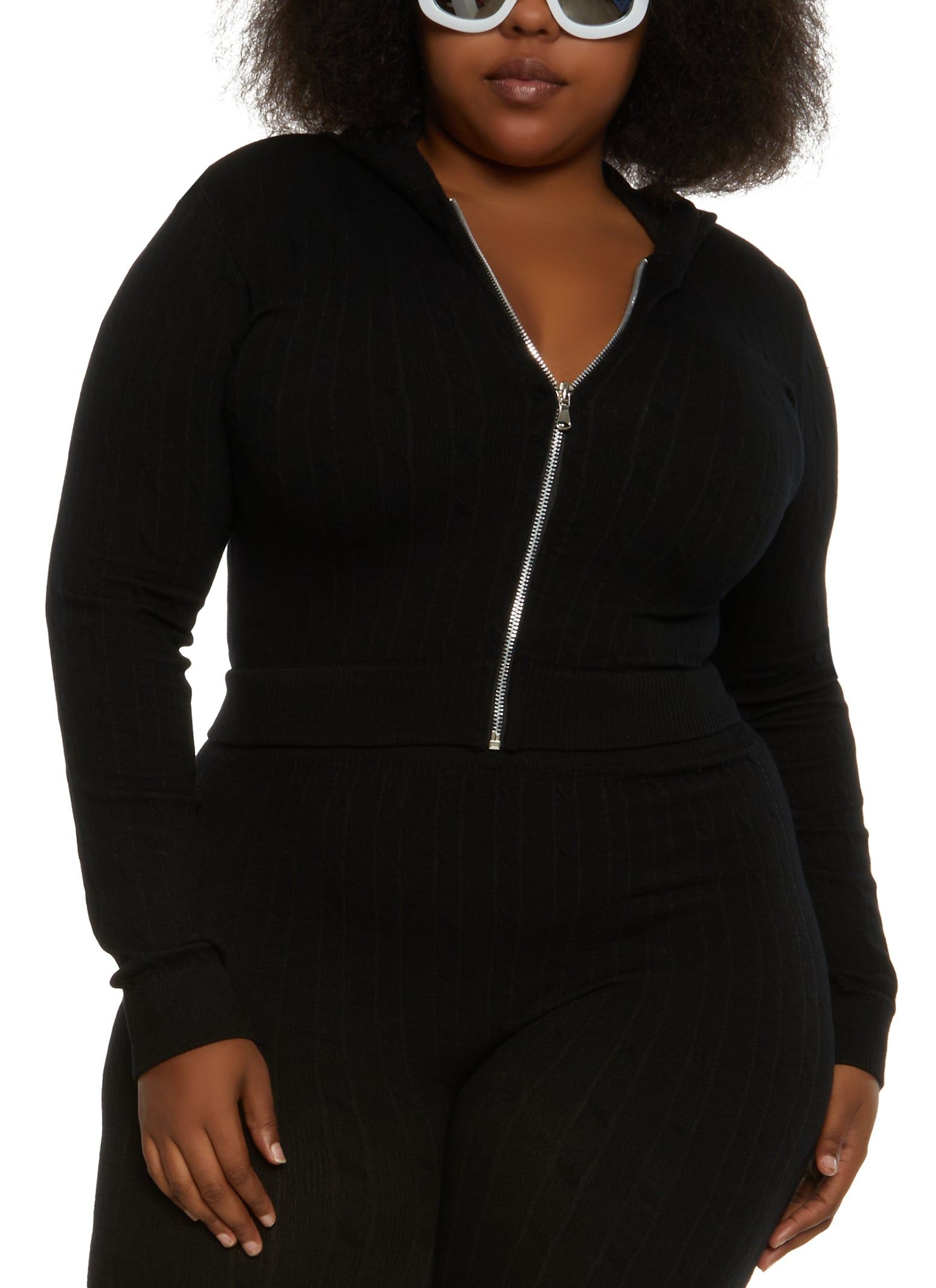 Plus Size Seamless Cable Knit Zip Front Hoodie sold by Rainbow