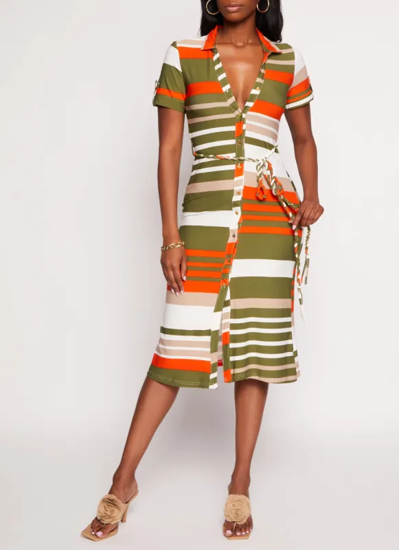 Short Sleeve Striped Midi Shirt Dress sold by Rainbow