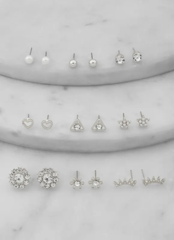 Rhinestone Faux Pearl Shaped Stud Earrings Set of 9 sold by Rainbow