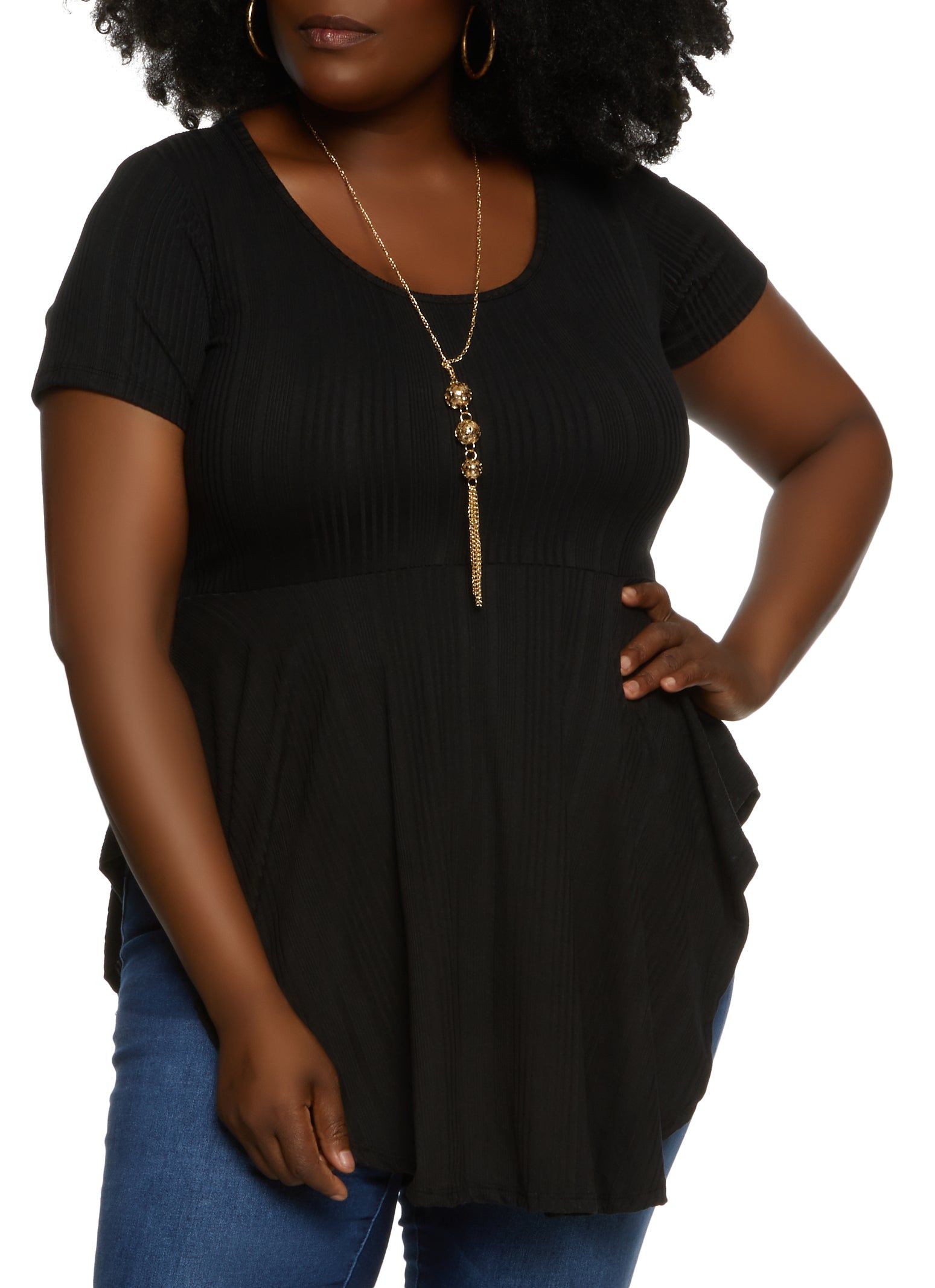 Plus Size Rib Knit Ruffled Hem Top with Necklace sold by Rainbow