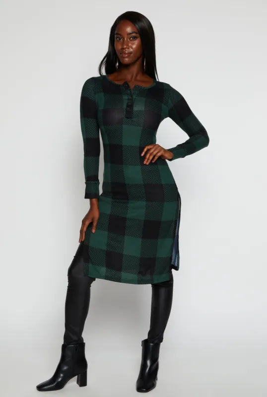Plaid Side Slit Long Sleeve Tunic Top sold by Rainbow