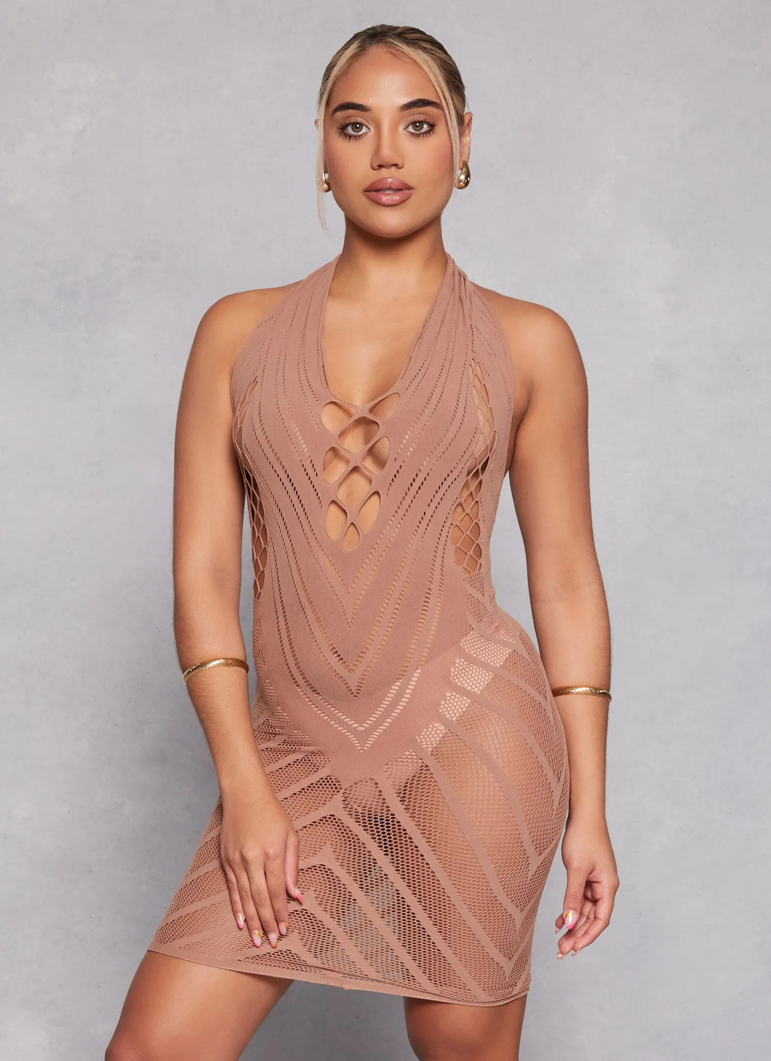 Fishnet Detail Cut Out Seamless Halter Dress sold by Rainbow