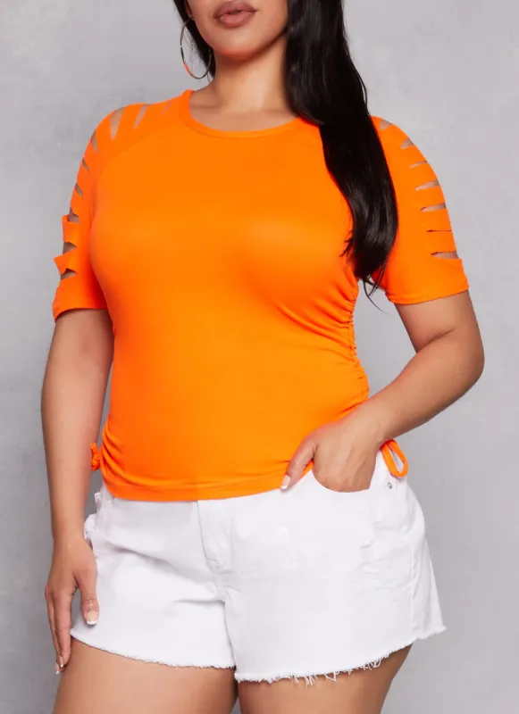 Plus Size Laser Cut Sleeve Ruched Sleeve T Shirt sold by Rainbow