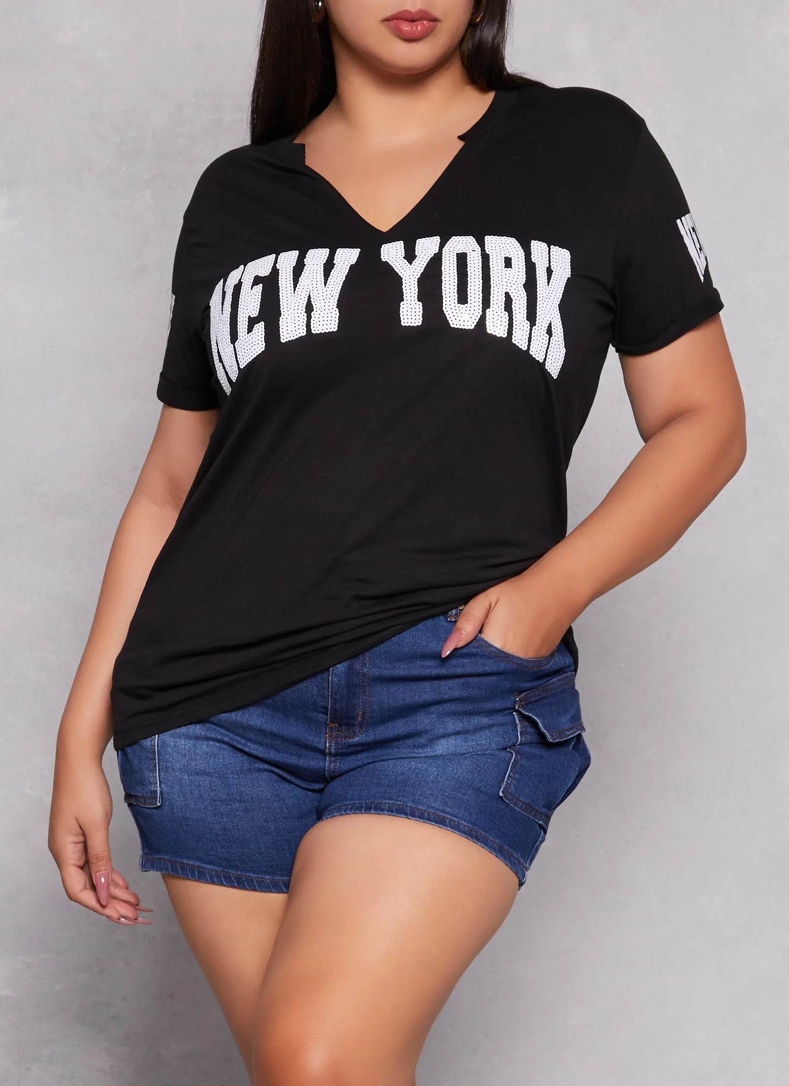 Plus Size Sequin New York Notch Neck Tee sold by Rainbow