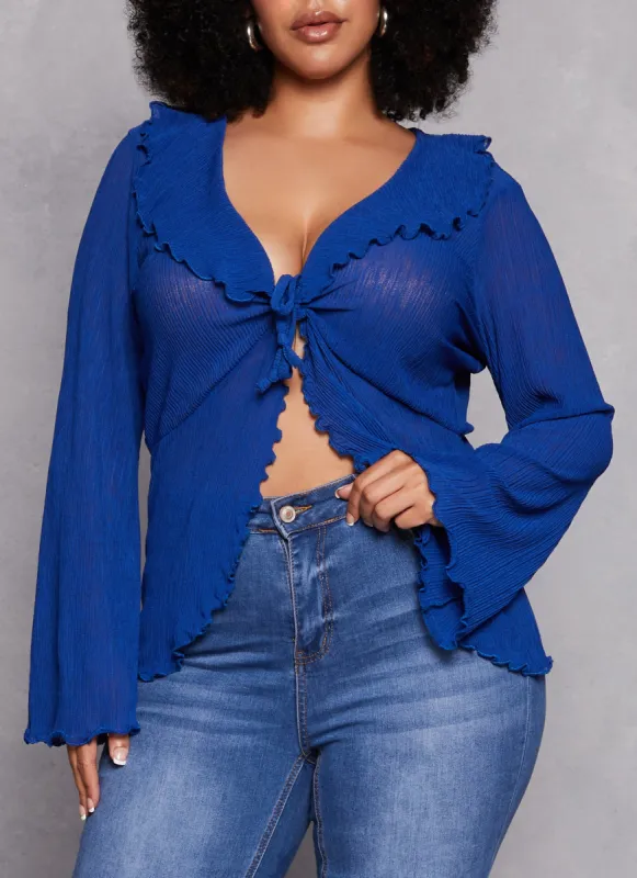 Plus Size Ruffle Trim Tie Front Long Sleeve Top sold by Rainbow