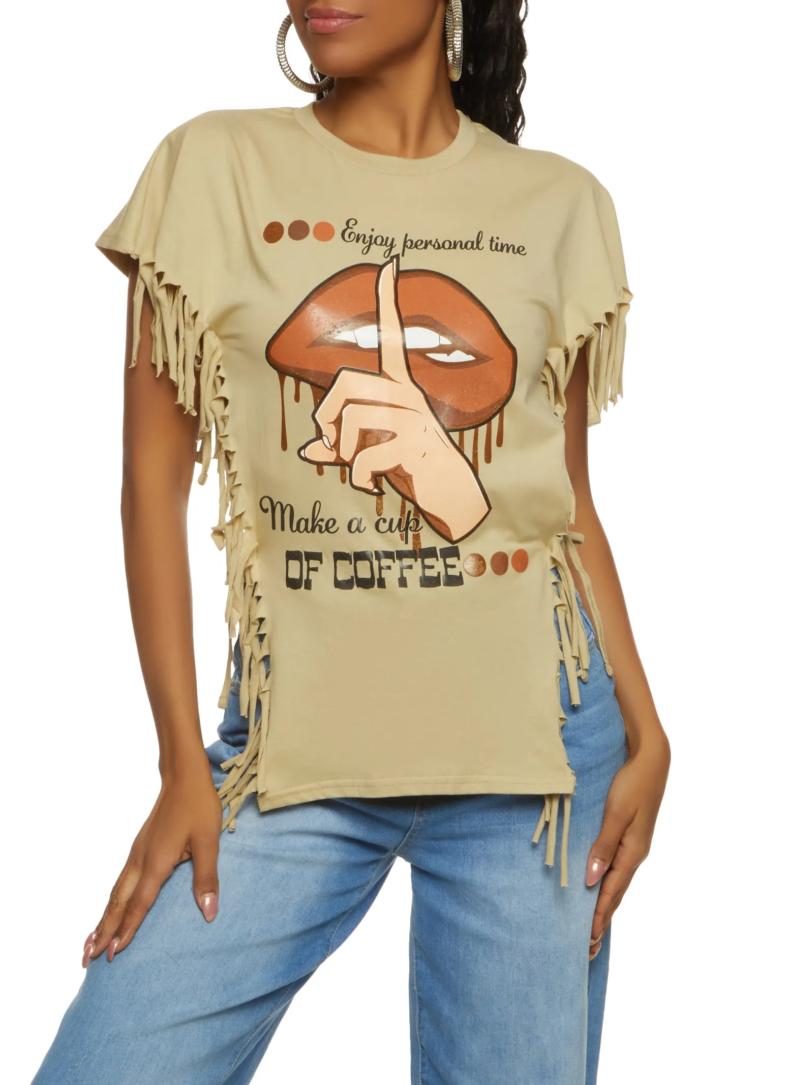 Enjoy Personal Time Fringe Side Tie Tee sold by Rainbow