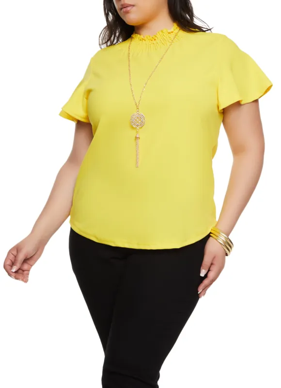 Plus Size Smocked Neck Blouse with Necklace sold by Rainbow
