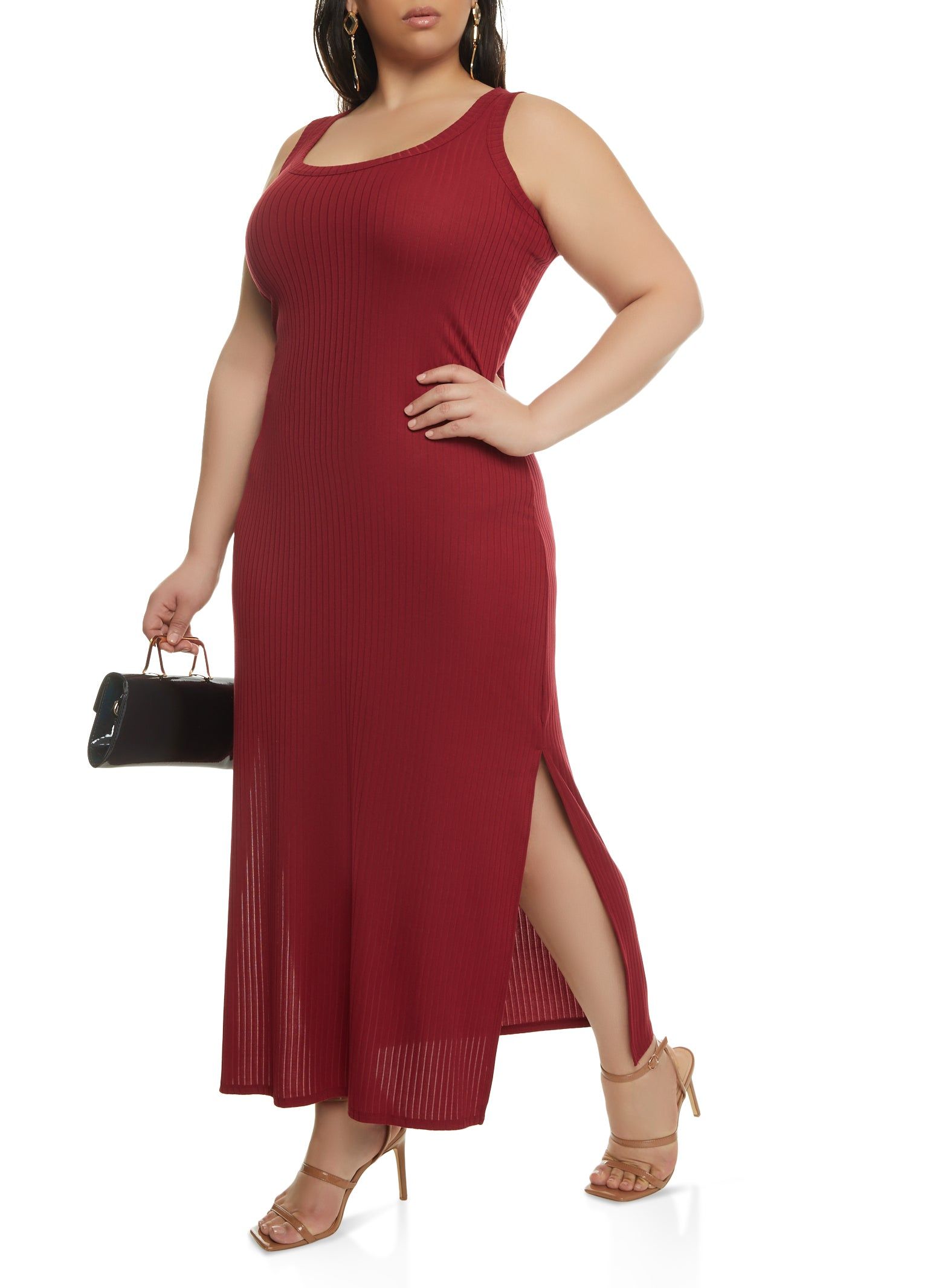 Plus Size Ribbed Knit Side Slit Maxi Tank Dress sold by Rainbow