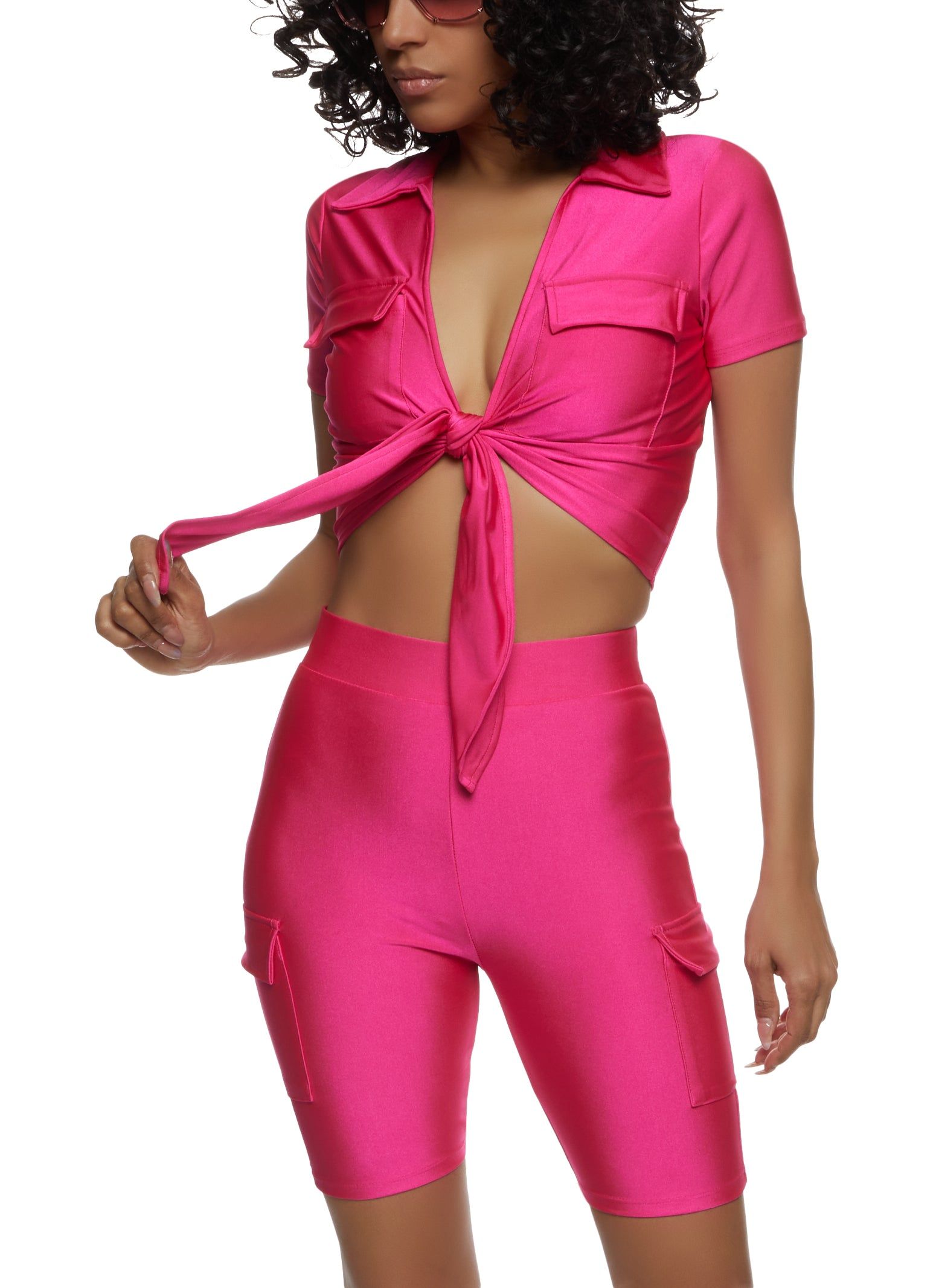 Spandex Flap Pocket Tie Front Crop Top sold by Rainbow product image thumbnail 2