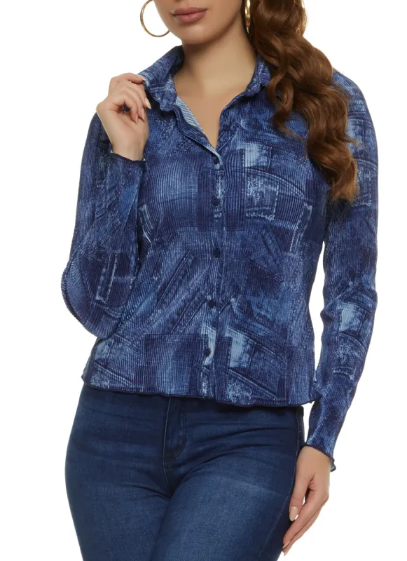 Patterned Pleated Button Down Shirt sold by Rainbow