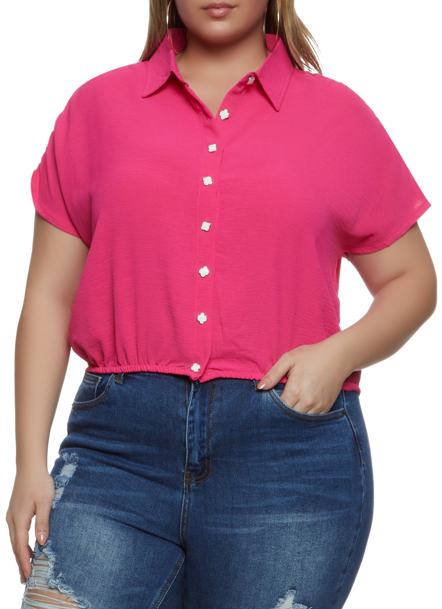 Plus Size Crepe Knit Ruched Sleeve Button Front Shirt sold by Rainbow