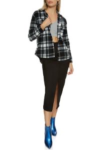 Fleece Plaid Button Down Shacket sold by Rainbow