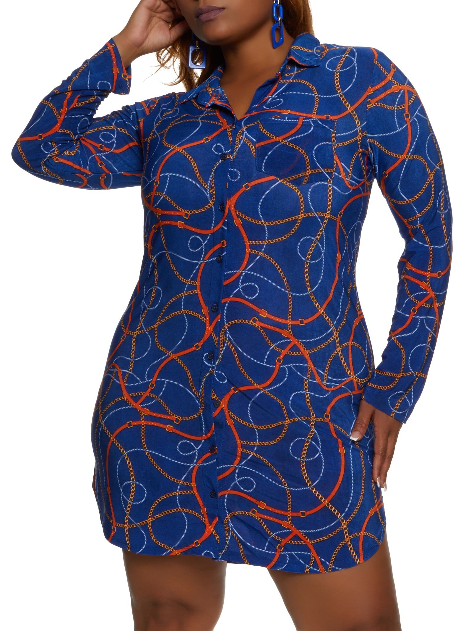 Plus Size Chain Belt Print Mini Shirt Dress sold by Rainbow