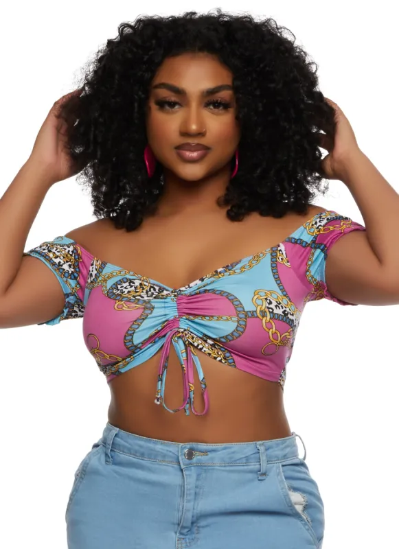 Almost Famous Printed Off the Shoulder Ruched Crop Top sold by Rainbow