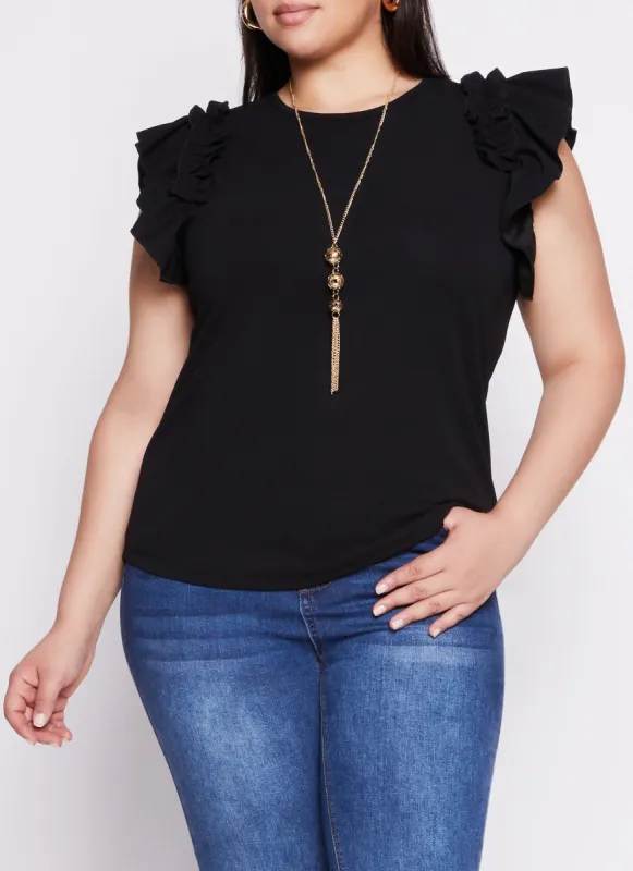 Plus Size Flutter Sleeve Blouse with Necklace sold by Rainbow