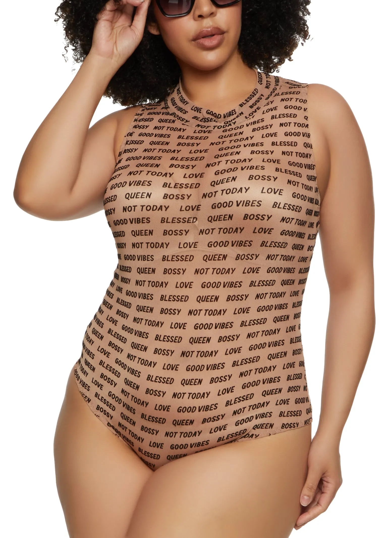 Plus Size Mesh Velvet Burnout Sleeveless Graphic Bodysuit sold by Rainbow