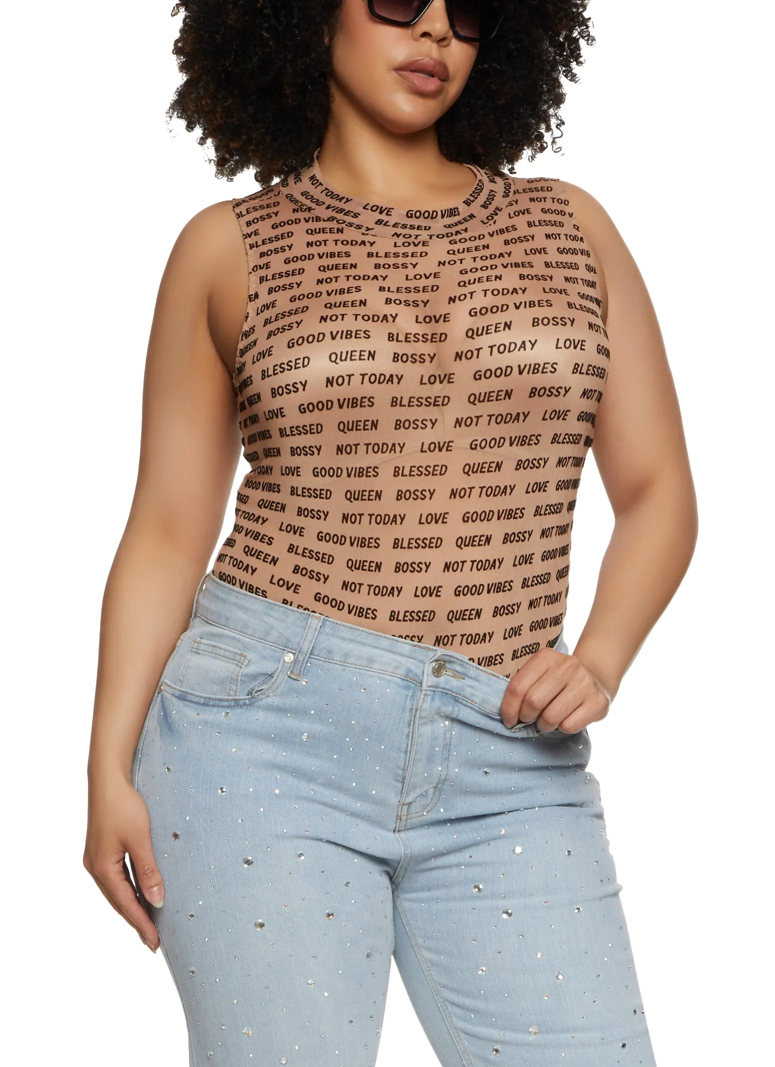 Plus Size Mesh Velvet Burnout Sleeveless Graphic Bodysuit sold by Rainbow product image thumbnail 2