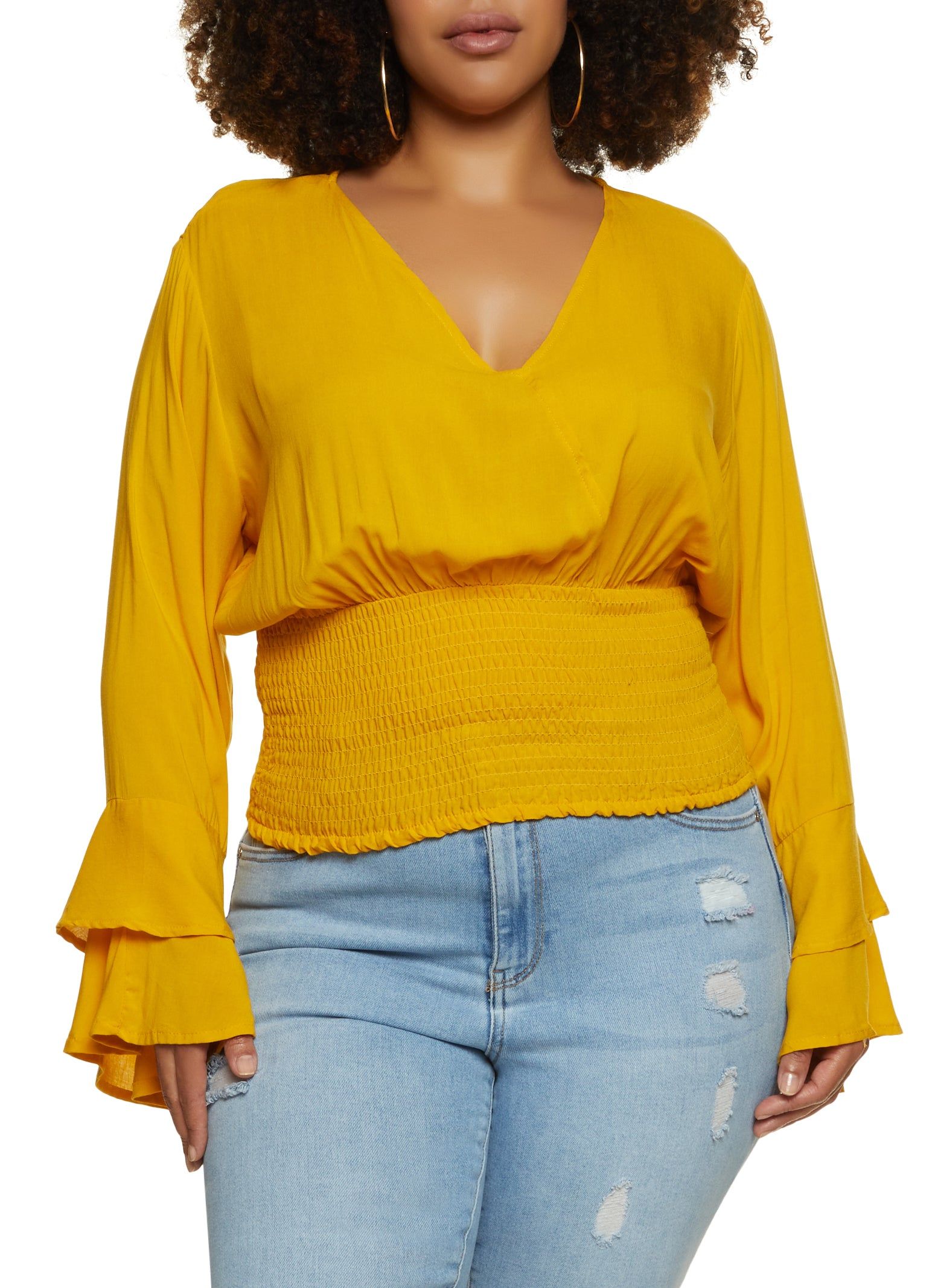 Plus Size Smocked Waist Faux Wrap Top sold by Rainbow