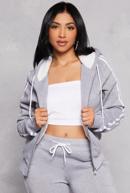 Varsity Stripe Zip Front Sherpa Lined Hoodie sold by Rainbow