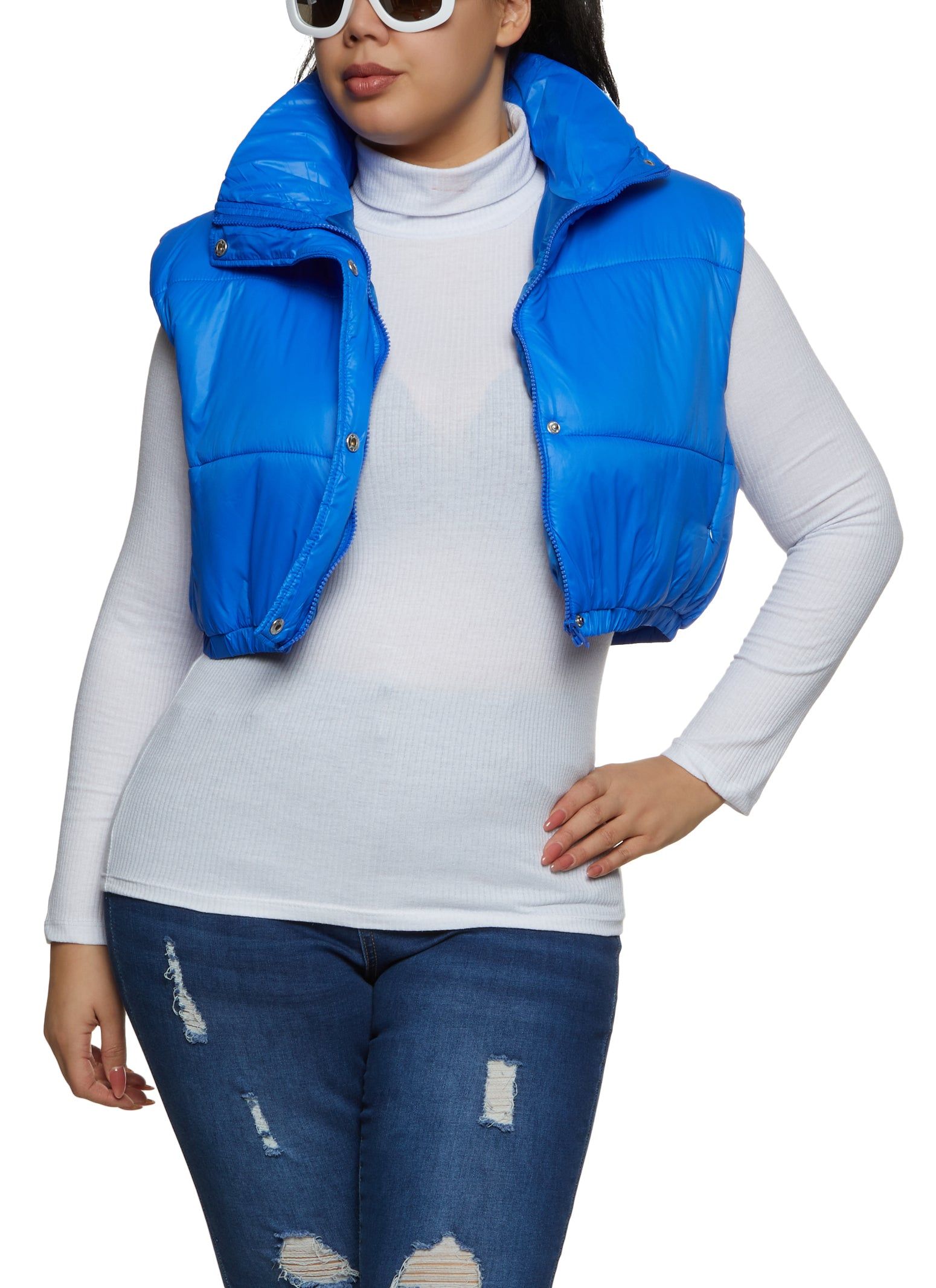Plus Size Snap Button Zip Front Cropped Puffer Vest sold by Rainbow