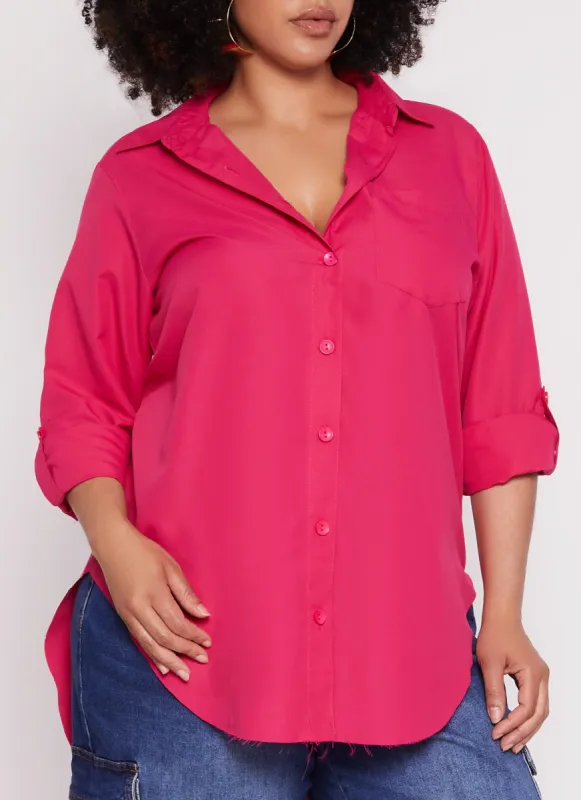 Plus Size Button Front Raw Hem Shirt sold by Rainbow