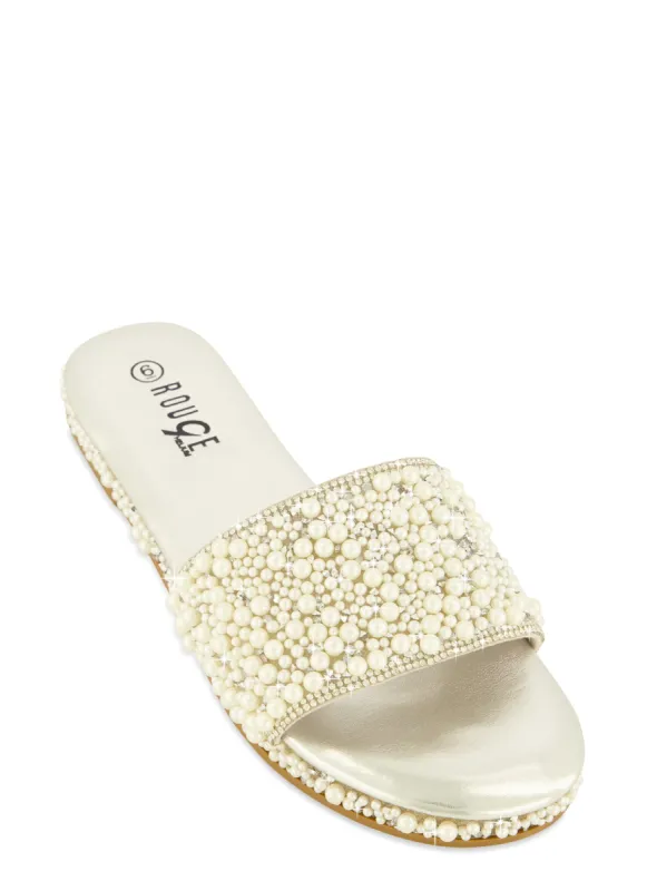 Rhinestone Trim Faux Pearl Band Slide Sandals sold by Rainbow