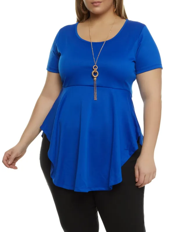 Plus Size Solid Ruffled Hem Top with Necklace sold by Rainbow