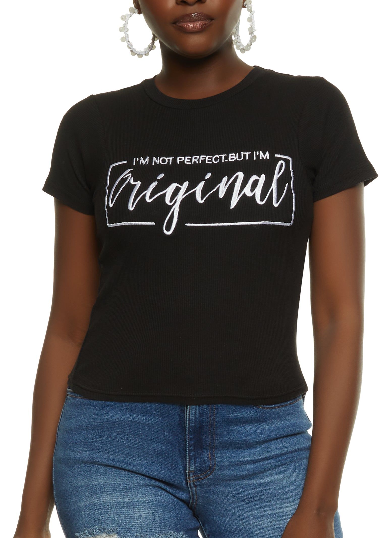 Not Perfect But Original Embroidered Graphic Tee sold by Rainbow