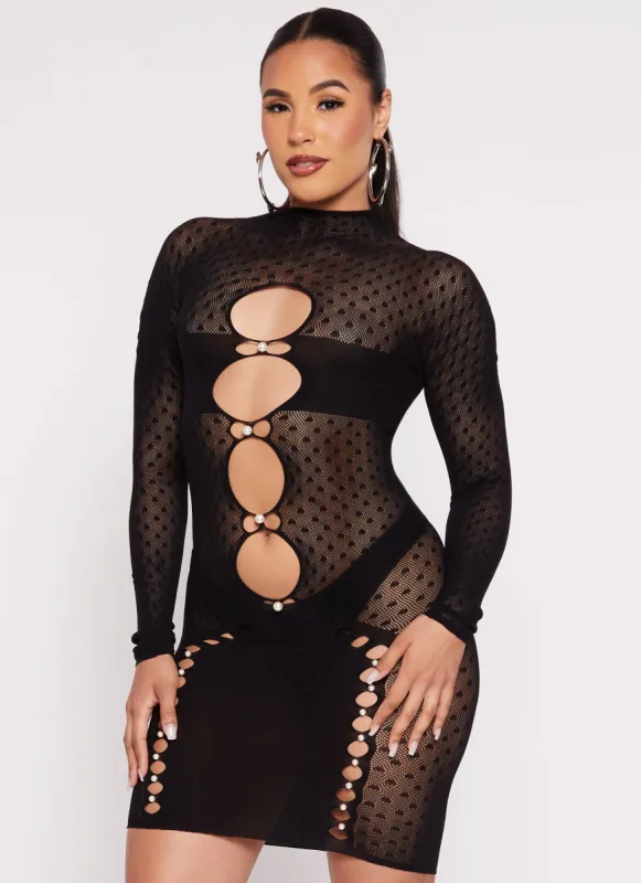 Seamless Fishnet Faux Pearl Cut Out Dress sold by Rainbow