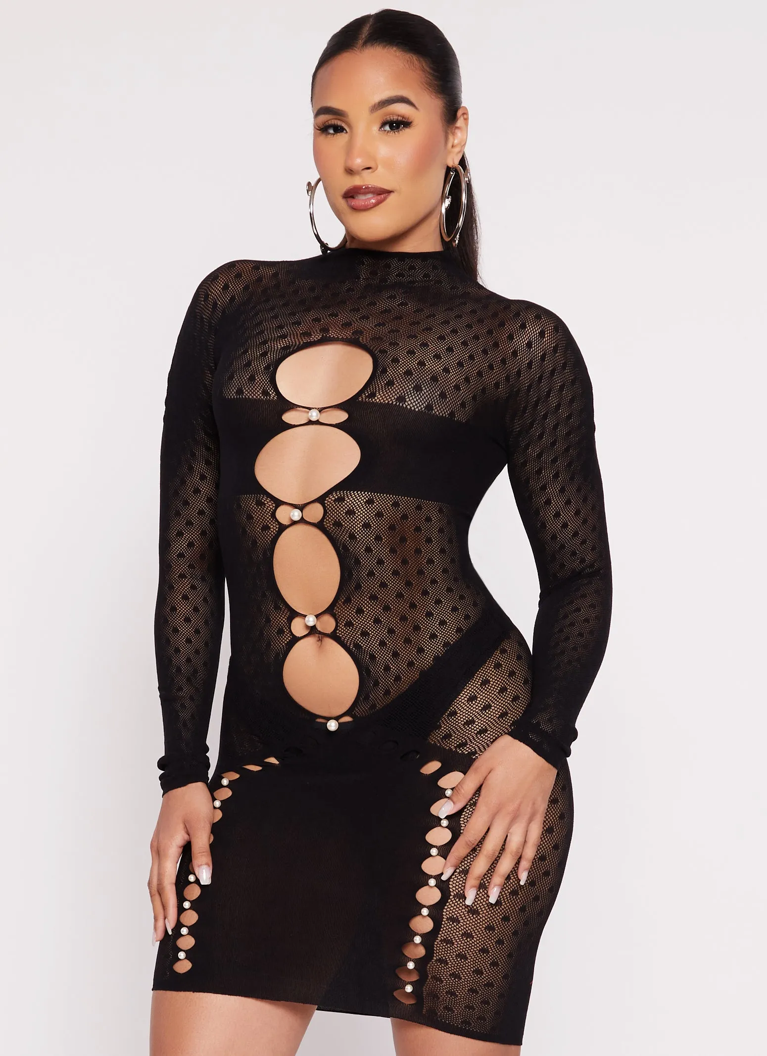 Seamless Fishnet Faux Pearl Cut Out Dress sold by Rainbow