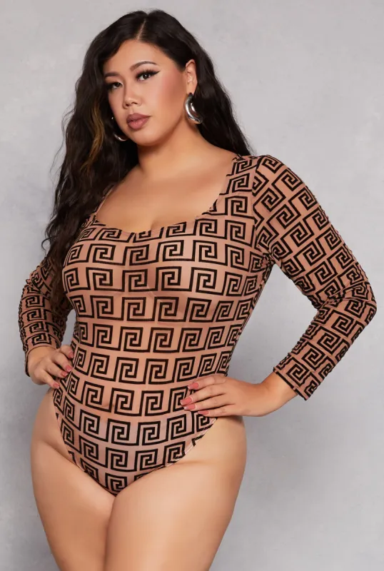 Plus Size Mesh Greek Key Velvet Burnout Bodysuit sold by Rainbow