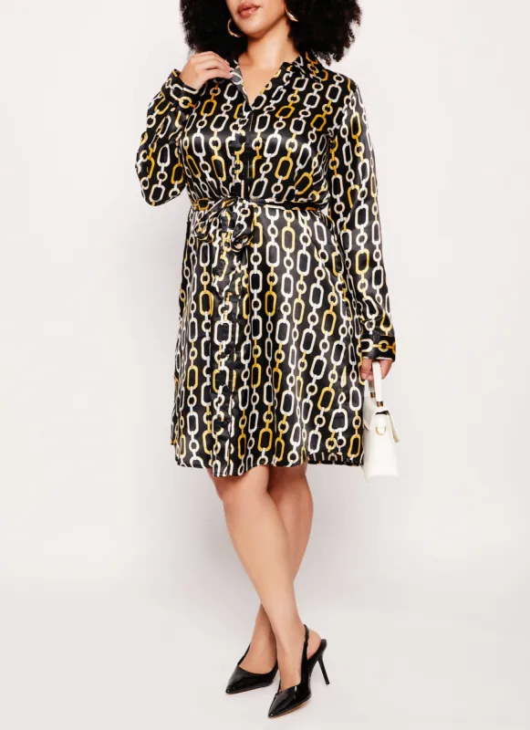 Plus Size Satin Chain Print Button Front Shirt Dress sold by Rainbow