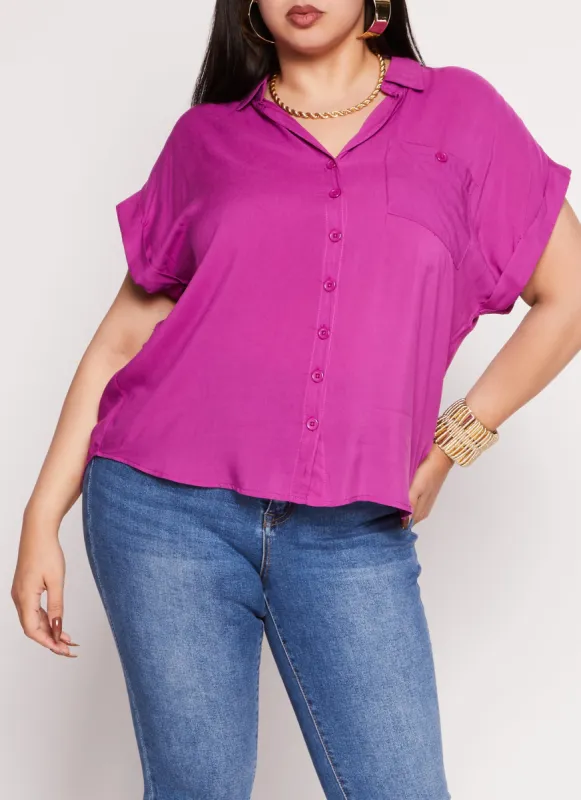 Plus Size Cuffed Sleeve Button Front Shirt sold by Rainbow