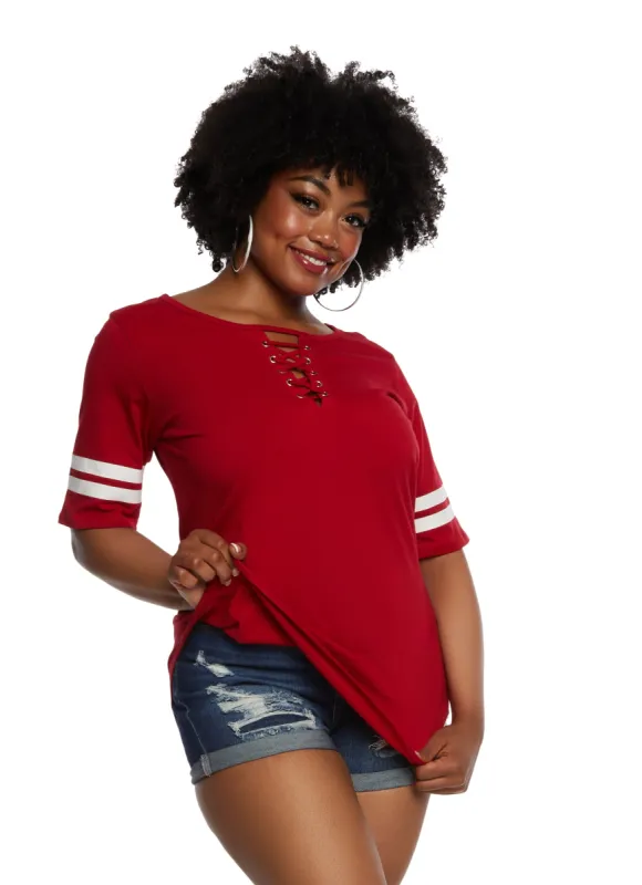Plus Size Varsity Striped Sleeve Lace Up Crew Neck Tee sold by Rainbow