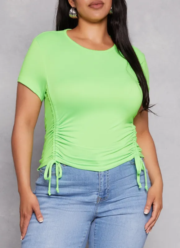 Plus Size Drawstring Ruched Crew Neck Tee sold by Rainbow