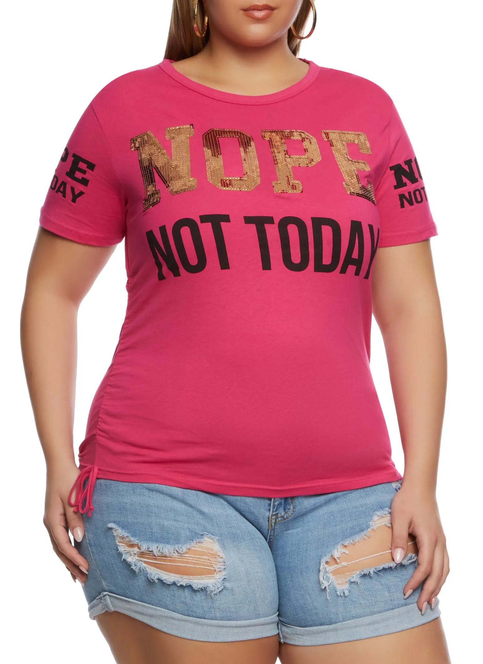 Plus Size Sequin Nope Not Today Ruched Graphic Tee sold by Rainbow