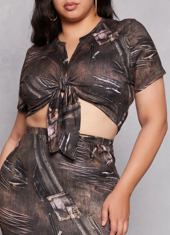 Plus Size Zipper Denim Print Tie Front Crop Top sold by Rainbow