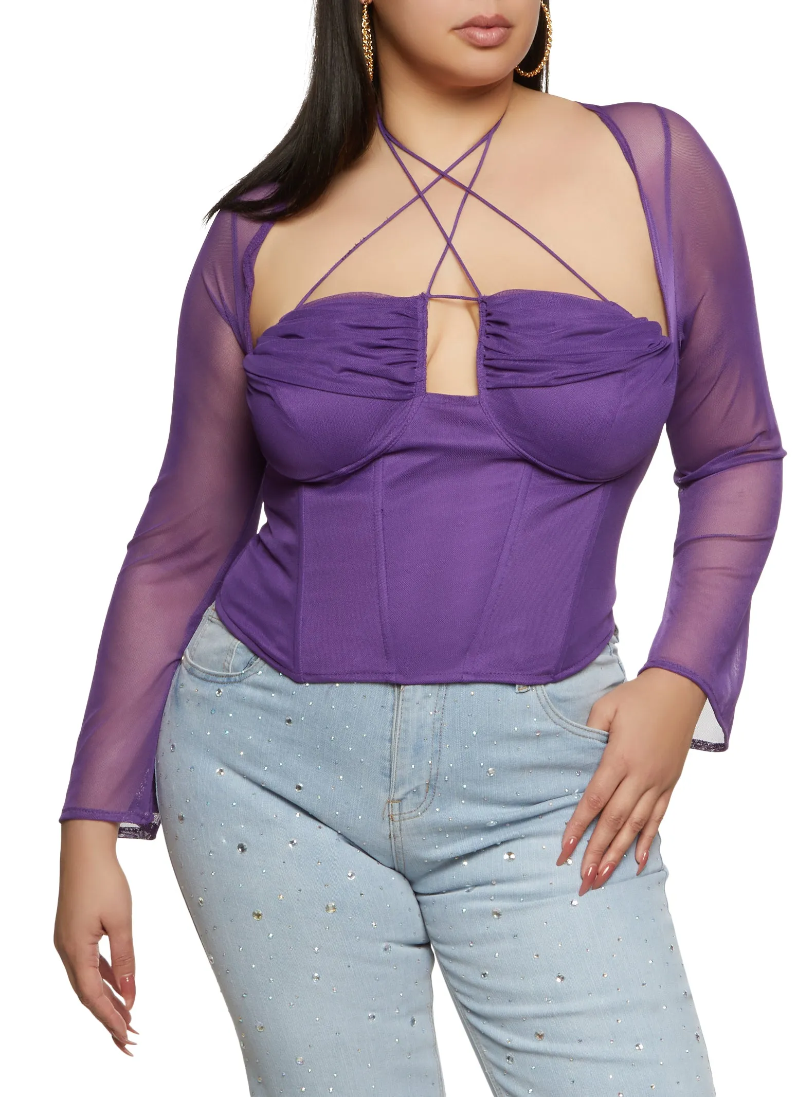 Plus Size Mesh Sleeve Sleeve Strappy Corset Top sold by Rainbow