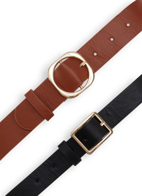 Set of 2 Metallic Buckle Faux Leather Belts sold by Rainbow