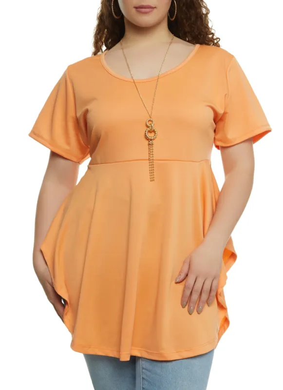 Plus Size Solid Ruffled Hem Top with Necklace sold by Rainbow