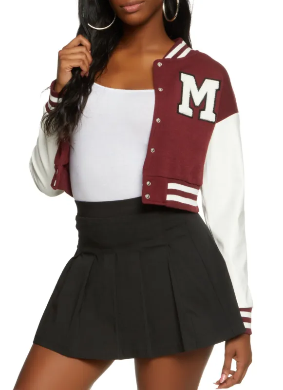 Chenille Graphic Patch PU Sleeve Cropped Varsity Jacket sold by Rainbow