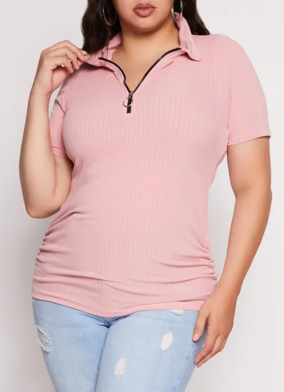 Plus Size Ruched Half Zip Polo Shirt sold by Rainbow