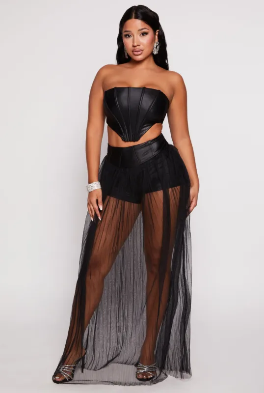 Faux Leather Waist Mesh Pleated Maxi Skirt sold by Rainbow
