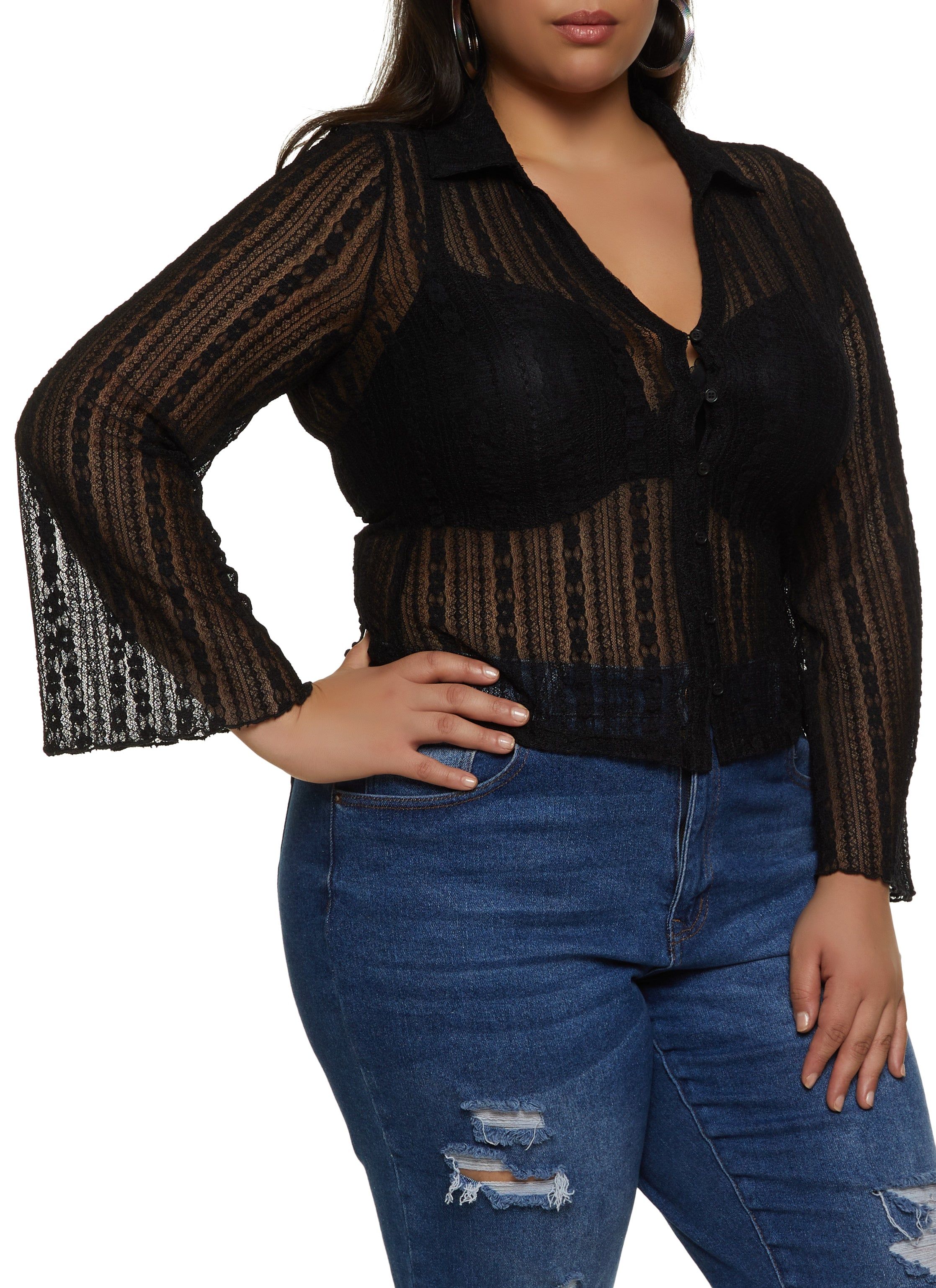 Plus Size Floral Lace Button Front Shirt sold by Rainbow