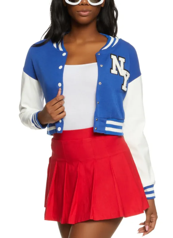 Chenille Graphic Patch PU Sleeve Cropped Varsity Jacket sold by Rainbow