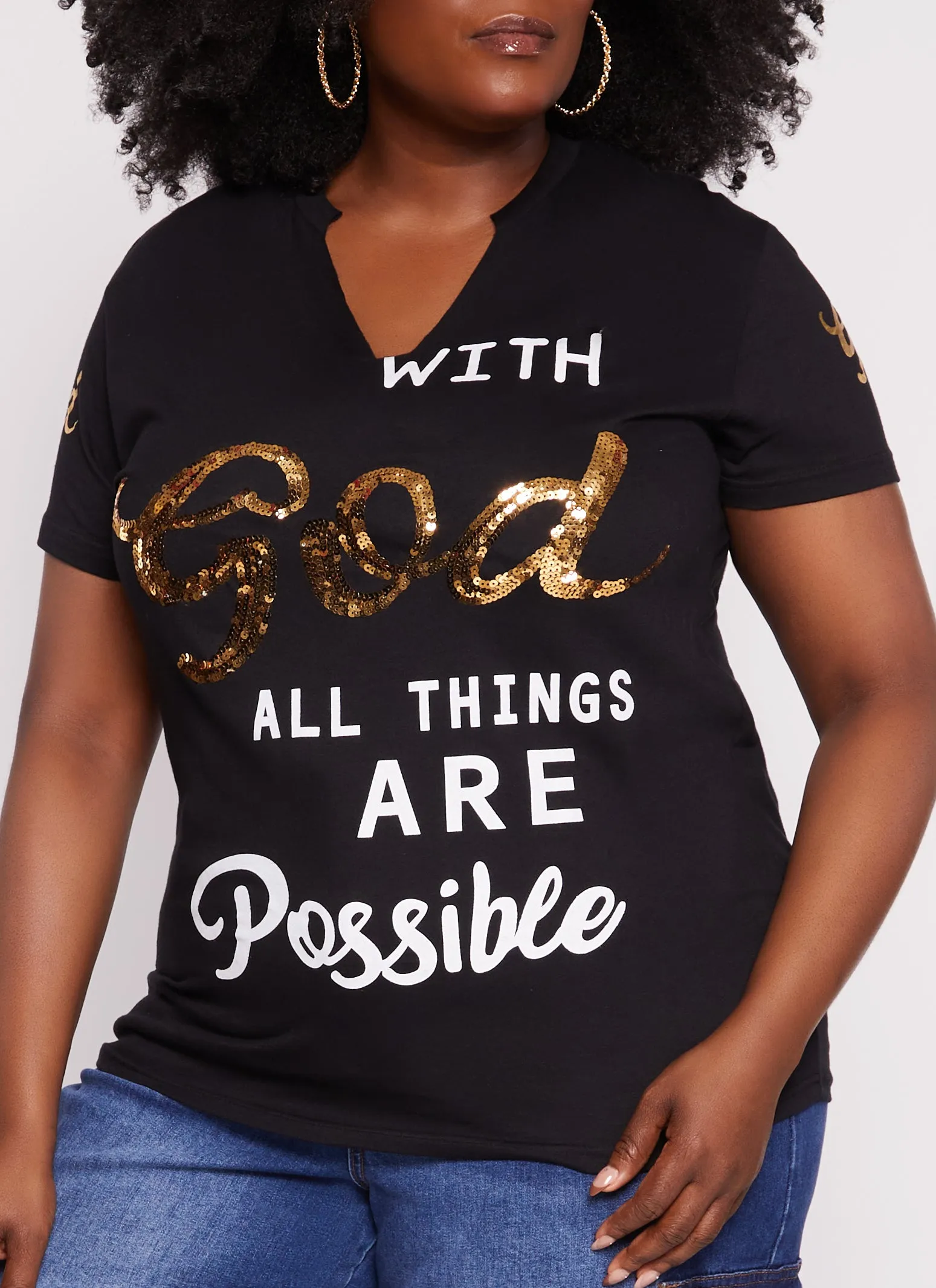 Plus Size With God All Things Are Possible Sequin Graphic Tee sold by Rainbow