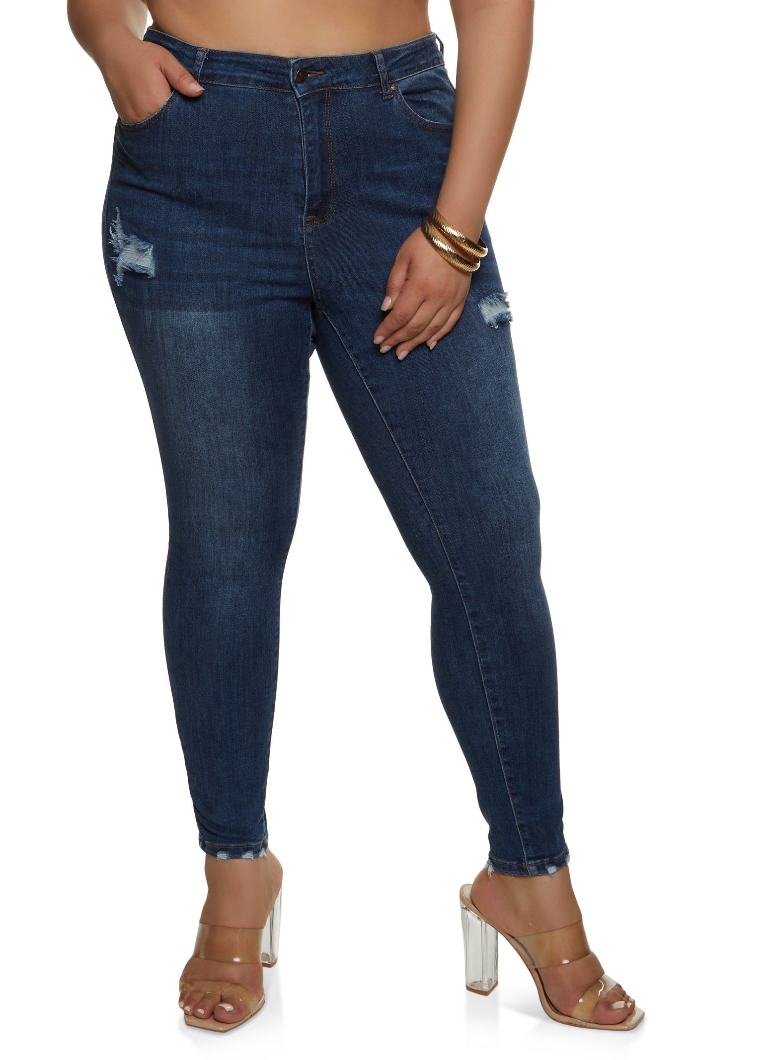 Plus Size WAX Distressed High Rise Skinny Jeans sold by Rainbow