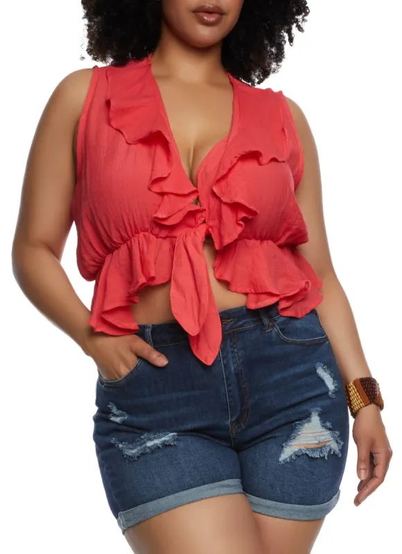 Plus Size Gauze Knit Ruffled Tie Front Crop Top sold by Rainbow