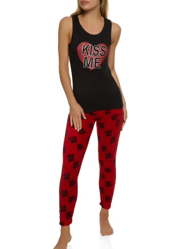 Kiss Me Graphic Pajama Tank Top and Plush Pants sold by Rainbow